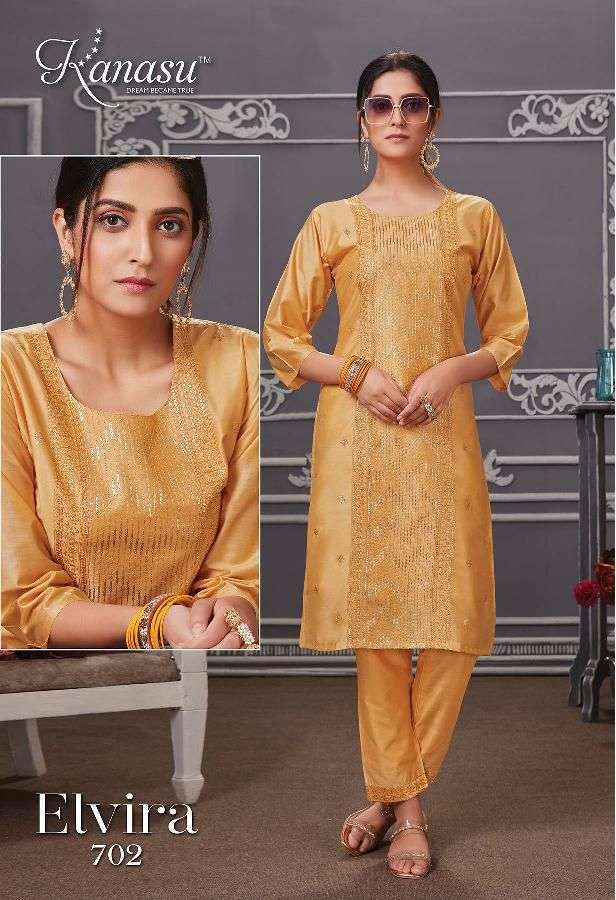 ELVIRA SERIES 701 TO 708 KURTI BY KANASU DESIGNER CHANDERI SILK KURTIS ARE AVAILABLE AT WHOLESALE PRICE